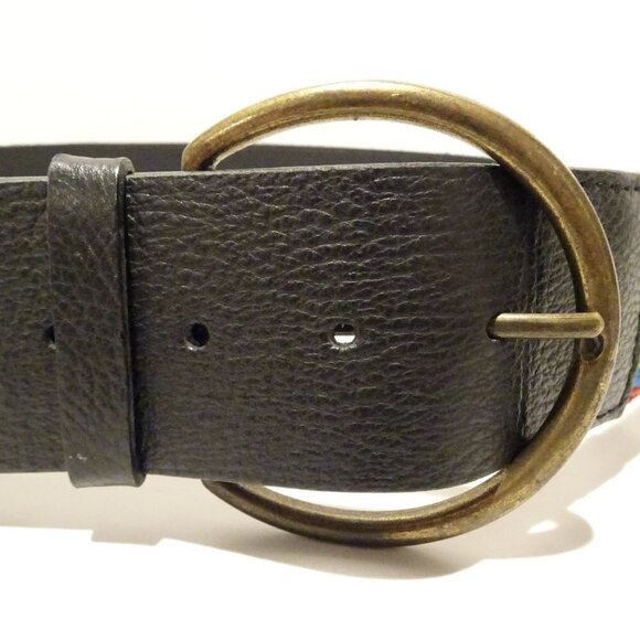 Chicos Belt Size M Black Leather Multicolored Braided Boho Metallic Thread - Picture 2 of 5